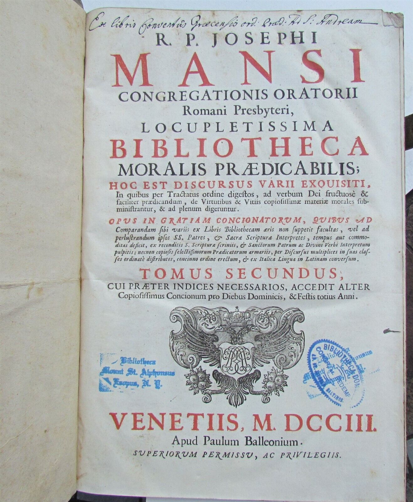 1703 BLIND-STAMPED PIGSKIN BOUND ANTIQUE FOLIO by Josephi Mansi Vol.2