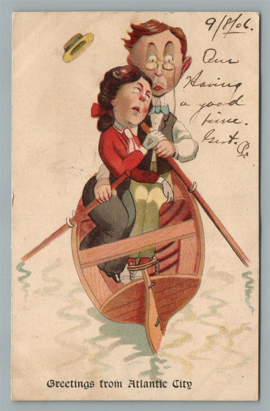 ATLANTIC CITY NJ BOATING COMIC ANTIQUE POSTCARD