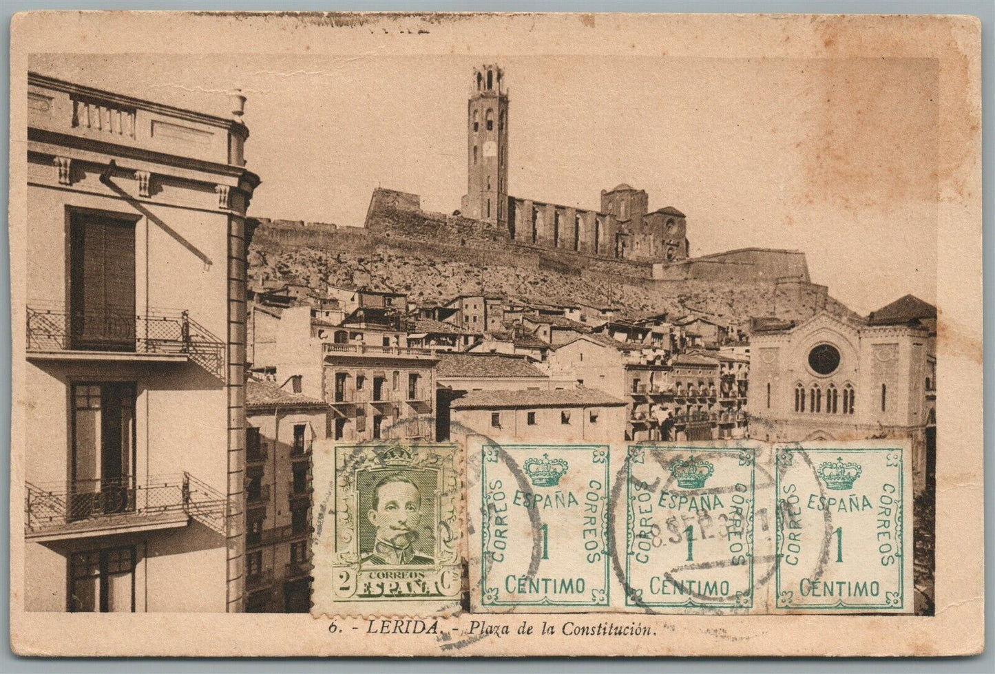 SPAIN LERIDA PLAZA DE LA CONSTITUCION ANTIQUE POSTCARD w/ STAMPS