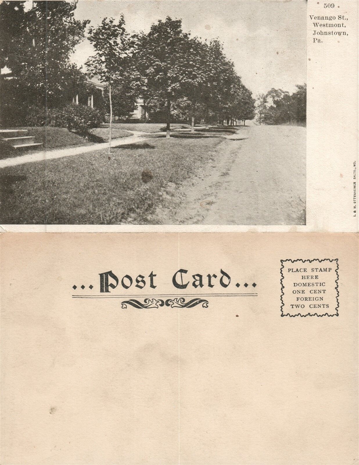 JOHNSTOWN PA VENANGO STREET WESTMONT ANTIQUE UNDIVIDED POSTCARD