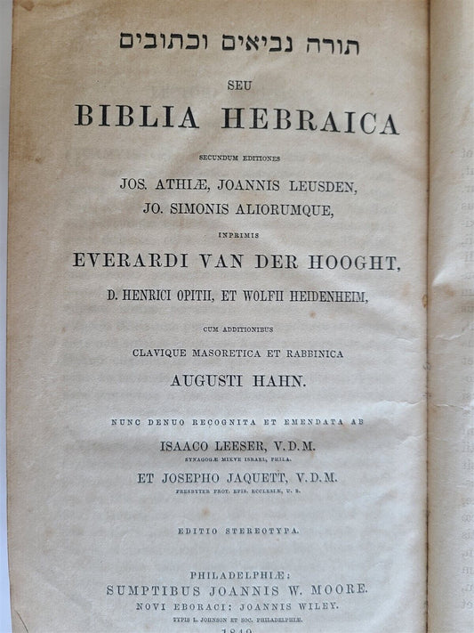 1849 HEBREW BIBLE antique ISAAC LESSER BIBLIA HEBRAICA Judaica 1st AMERICAN ed.