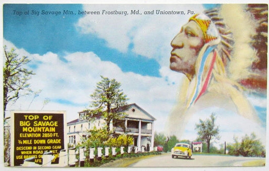VINTAGE POSTCARD TOP OF BIG SAVAGE MTN. FROSTBURG MD & UNIONTOWN PA INDIAN CHIEF