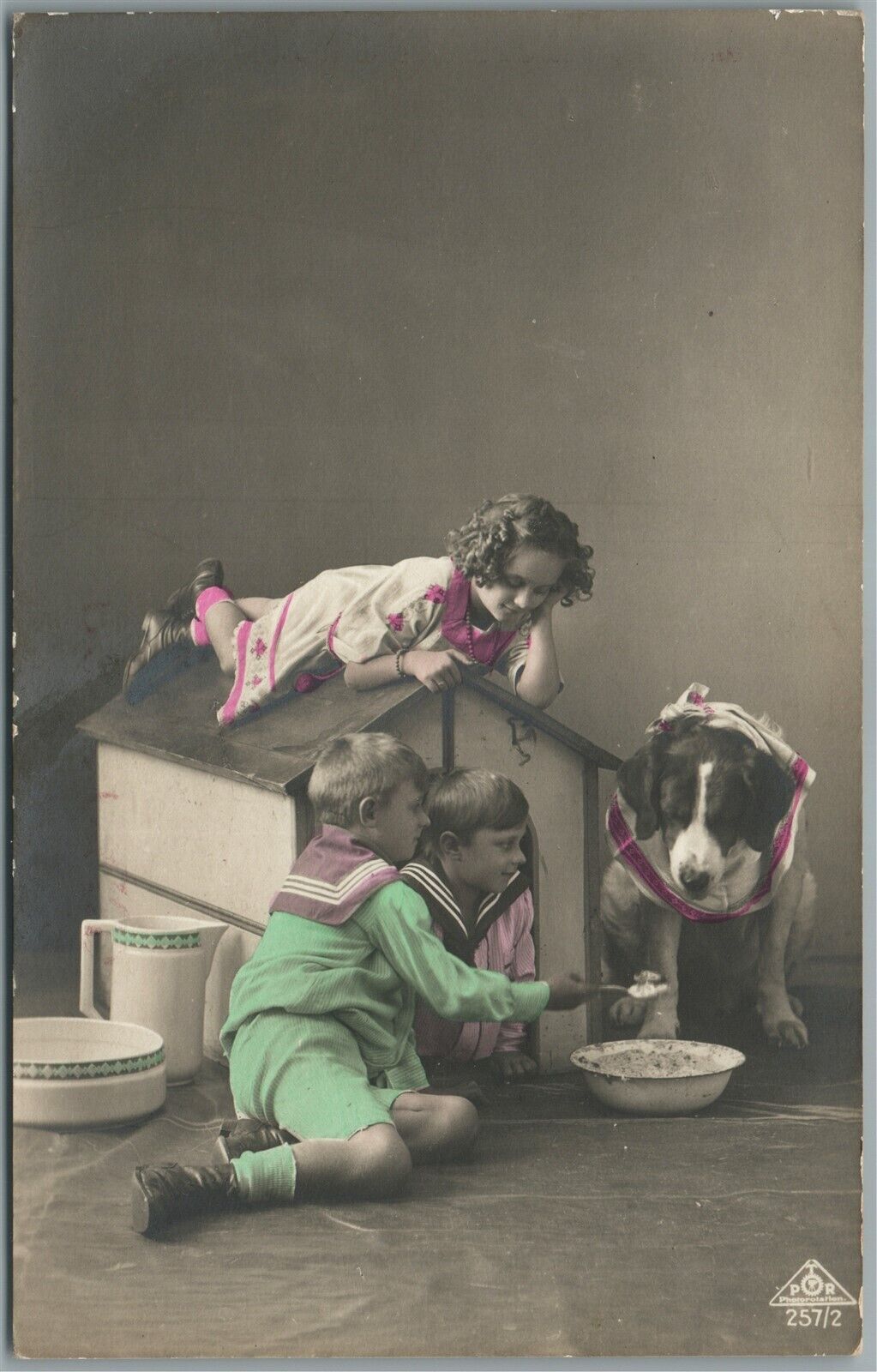 KIDS FEEDING LARGE DOG ANTIQUE REAL PHOTO POSTCARD RPPC