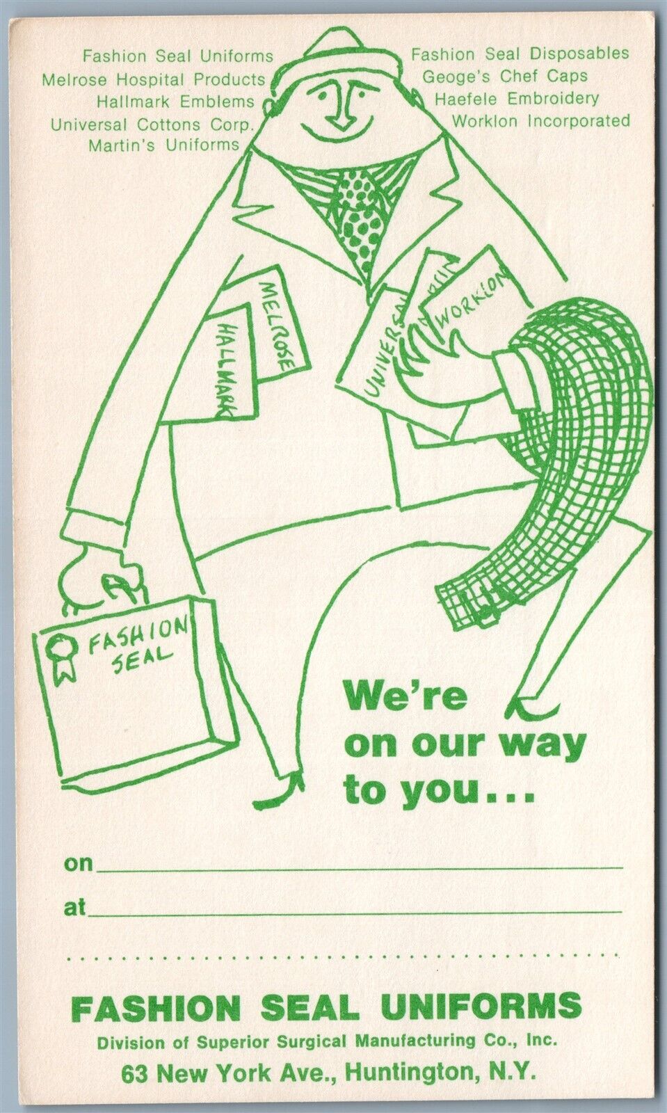 HUNTINGTON NY FASHION SEAL HOSPITAL UNIFORMS ADVERTISING VINTAGE POSTCARD