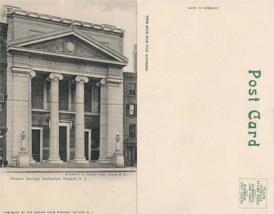 NEWARK N.J. HOWARD SAVINGS INSTITUTION UNDIVIDED ANTIQUE POSTCARD
