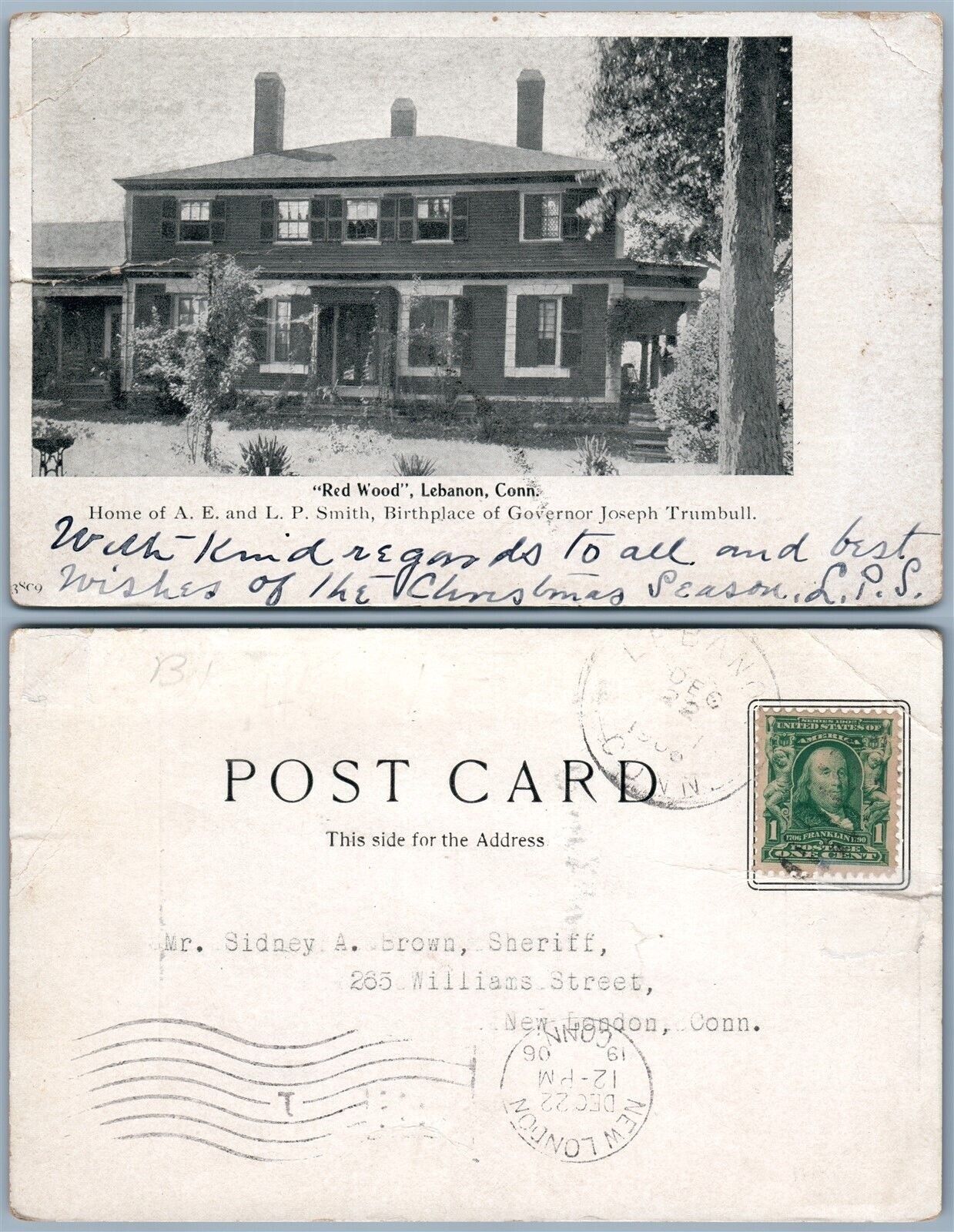 LEBANON CT RED WOOD GOVERNOR TRUMBULL BIRTHPLACE 1906 UNDIVIDED ANTIQUE POSTCARD