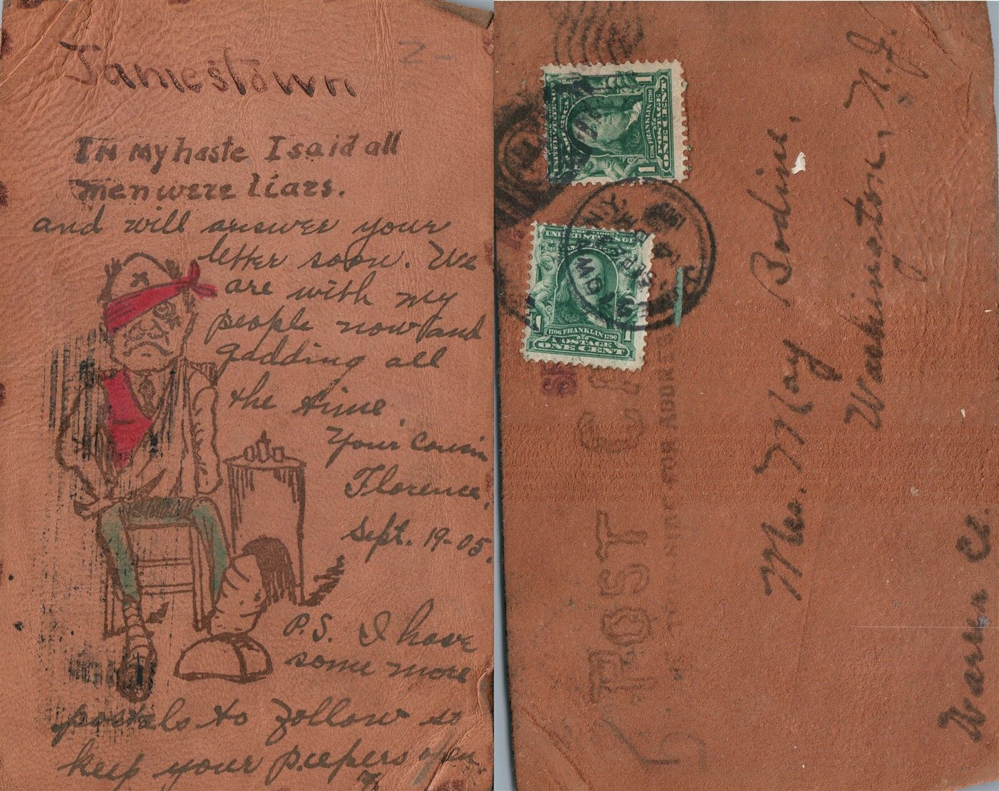 JAMESTOWN N.Y. 1905 LEATHER ANTIQUE POSTCARD w/ CORK CANCEL