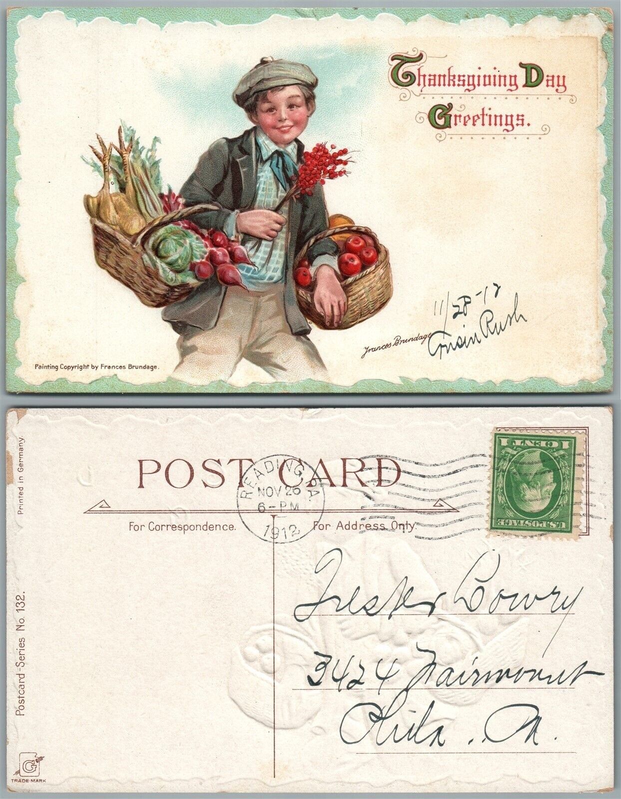 ARTIST SIGNED FRANCES BRUNDAGE ANTIQUE THANKSGIVING GREETINGS POSTCARD