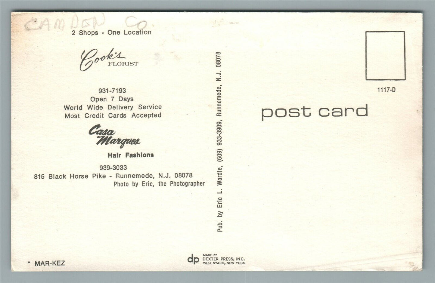 RUNNEMEDE NJ COOK'S FLORIST ADVERTISING VINTAGE POSTCARD