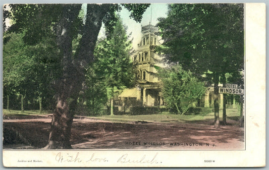 WASHINGTON NJ HOTEL WINDSOR 1906 UNDIVIDED ANTIQUE POSTCARD w/ CORK CANCEL