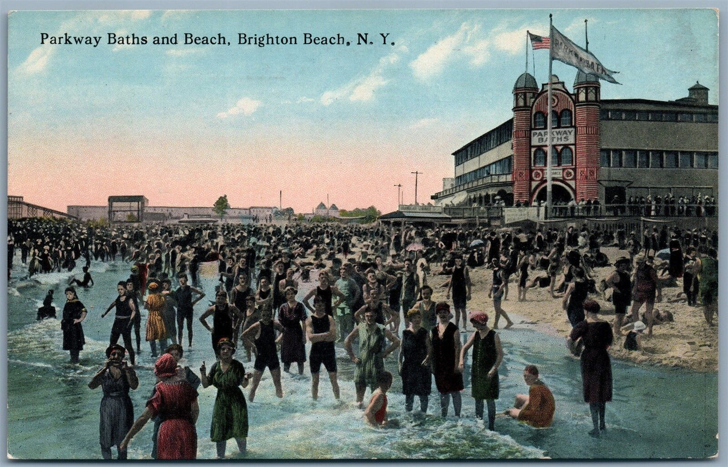 BRIGHTON BEACH BROOKLYN NY PARKWAY BATHS & BEACH 1914 ANTIQUE POSTCARD