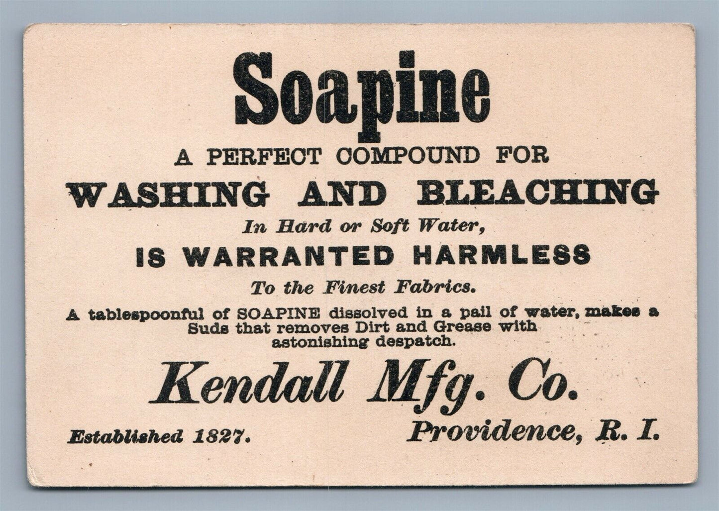 VICTORIAN TRADE CARD KENDALL MFG CO. PROVIDENCE RI SOAPINE for WASHING antique