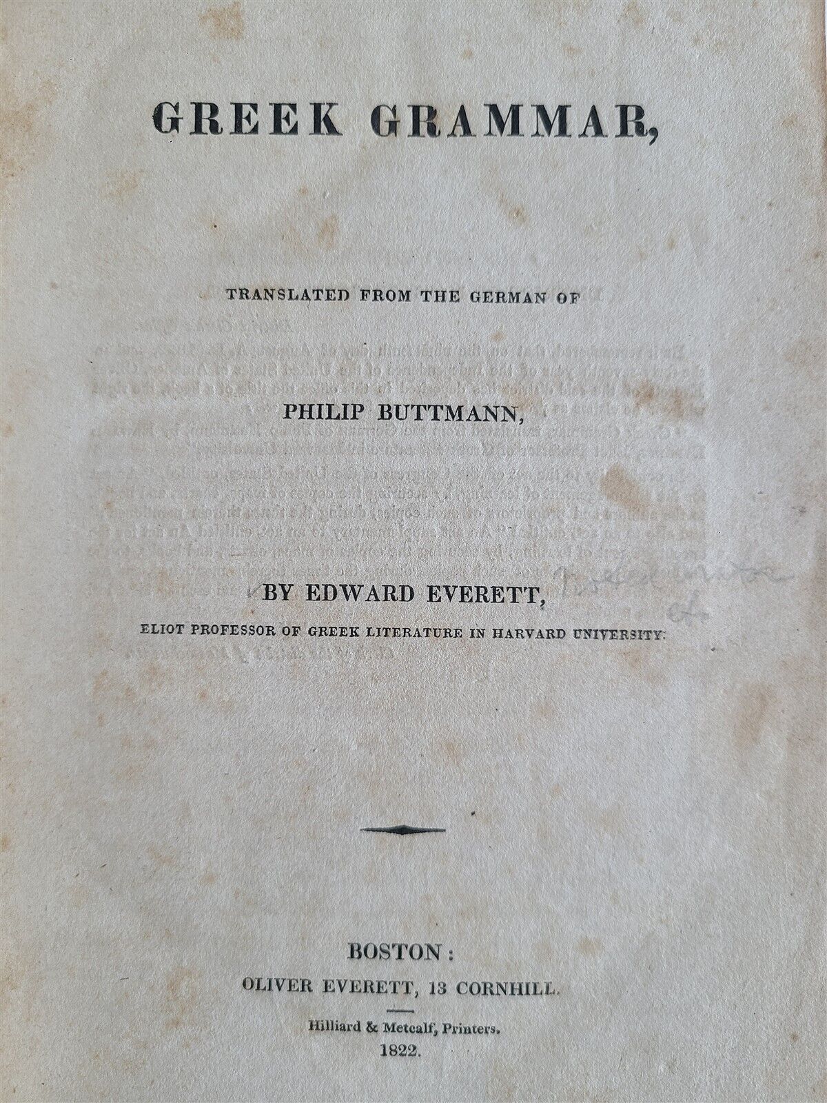 1822 GREEK GRAMMAR by PHILIP BUTTMAN antique BOSTON AMERICANA