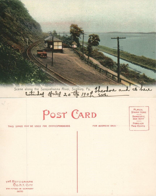 SUNBURY PA SCENE ALONG SUSQUEHANNA RIVER ANTIQUE POSTCARD railroad railway
