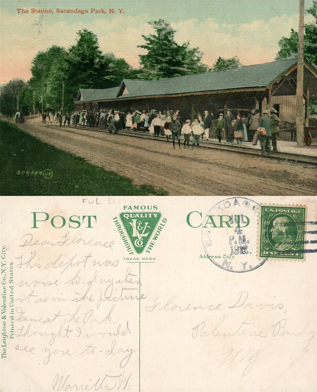 SACANDAGA PARK N.Y. RAILWAY STATION 1912 ANTIQUE POSTCARD RAILROAD DEPOT