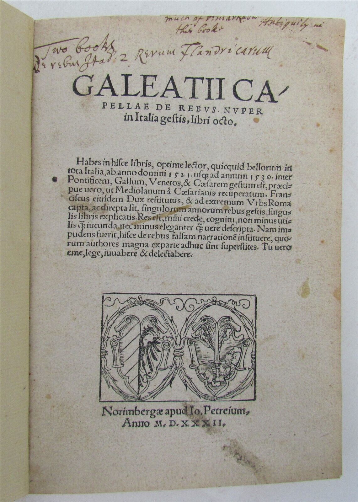 1532 HISTORY OF MILAN WAR antique book in ITALIAN by Galeazzo Capella 16th cent.