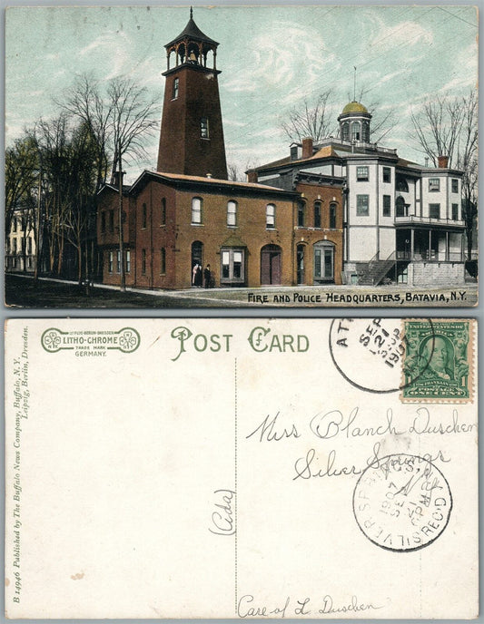 BATAVIA N.Y. FIRE & POLICE HEADQUARTERS 1907 ANTIQUE POSTCARD