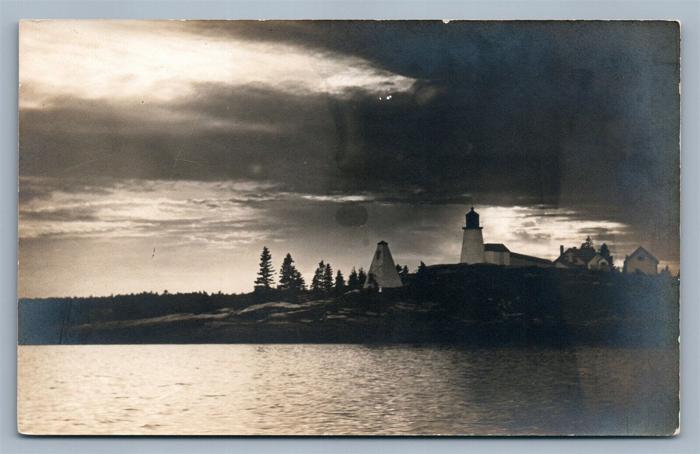 BOOTHBAY ME BURNT ISLAND LIGHT HOUSE AT NIGHT ANTIQUE REAL PHOTO POSTCARD RPPC
