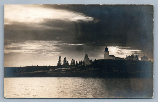 BOOTHBAY ME BURNT ISLAND LIGHT HOUSE AT NIGHT ANTIQUE REAL PHOTO POSTCARD RPPC