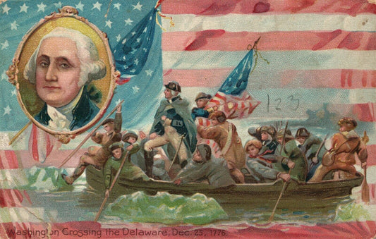 WASHINGTON CROSSING THE DELAWARE EMBOSSED ANTIQUE PATRIOTIC POSTCARD