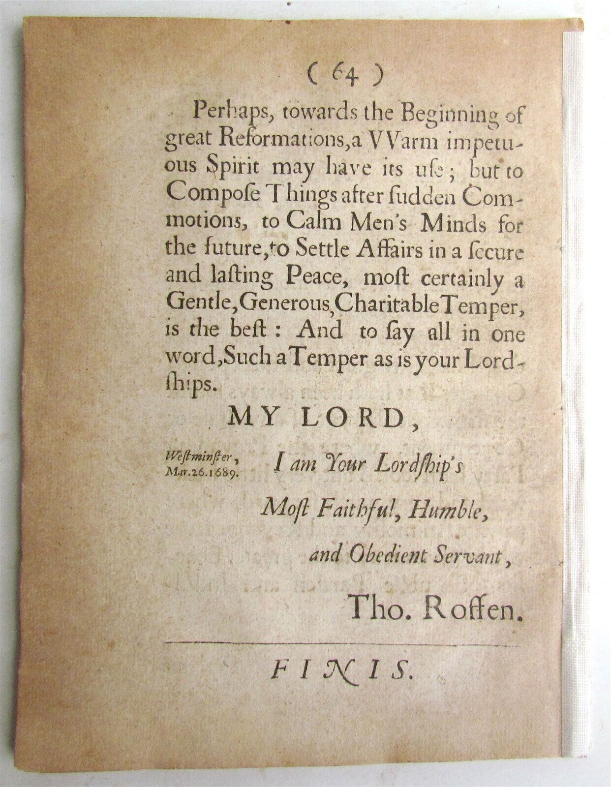 1689 BISHOP of ROCHESTER's SECOND LETTER TO LORD CHAMBERLAIN antique in ENGLISH