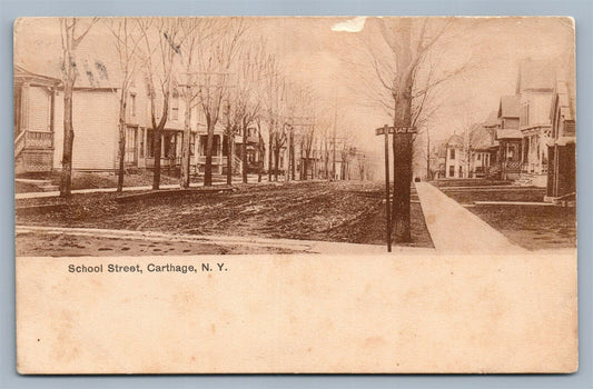 CARTHAGE NY SCHOOL STREET ANTIQUE POSTCARD w/ CORK CANCEL