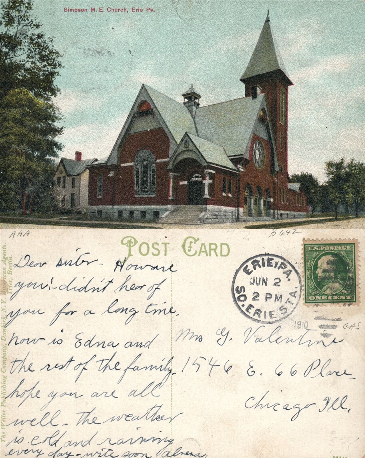 ERIE PA SIMPSON M.E. CHURCH 1910 ANTIQUE POSTCARD w/ CORK CANCEL