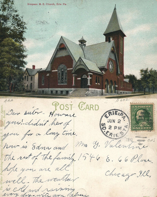 ERIE PA SIMPSON M.E. CHURCH 1910 ANTIQUE POSTCARD w/ CORK CANCEL