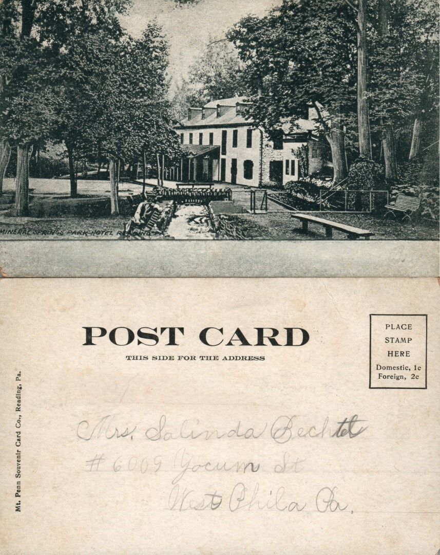 READING PA MINERAL SPRINGS PARK HOTEL UNDIVIDED ANTIQUE POSTCARD