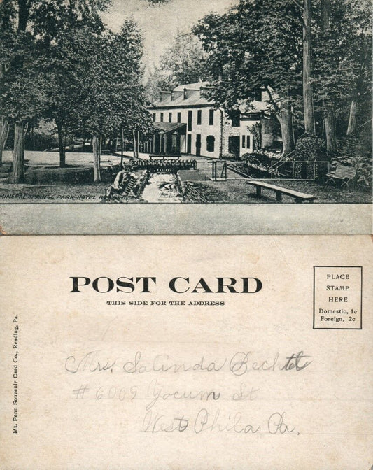 READING PA MINERAL SPRINGS PARK HOTEL UNDIVIDED ANTIQUE POSTCARD