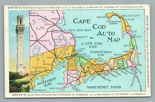 CAPE COD MA AUTO MAP ANTIQUE POSTCARD