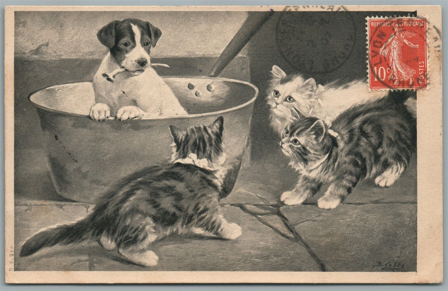 CATS PLAYING w/ DOG ANTIQUE POSTCARD