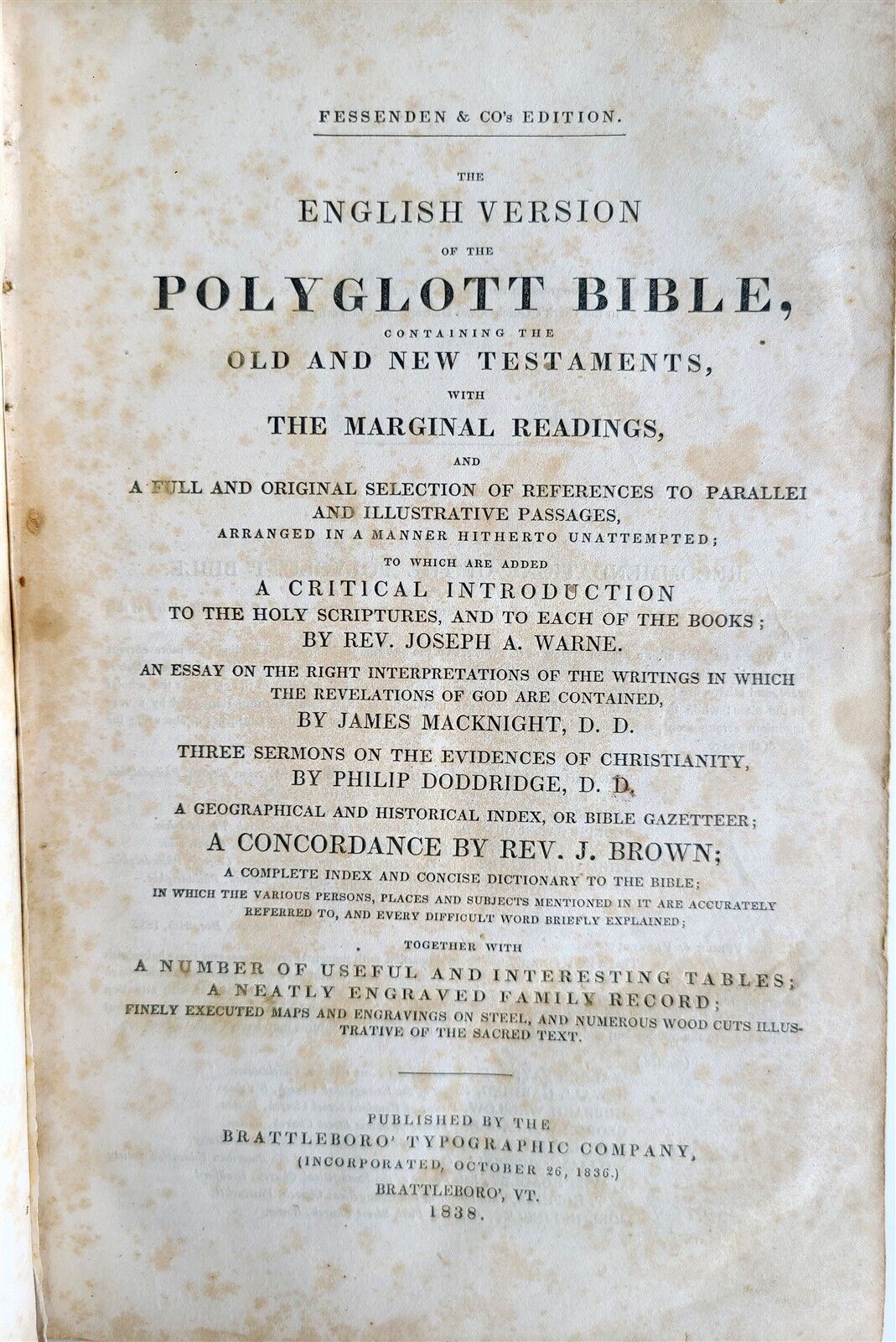 1838 BIBLE POLYGLOTT in ENGLISH antique AMERICANA Brattleboro ILLUSTRATED