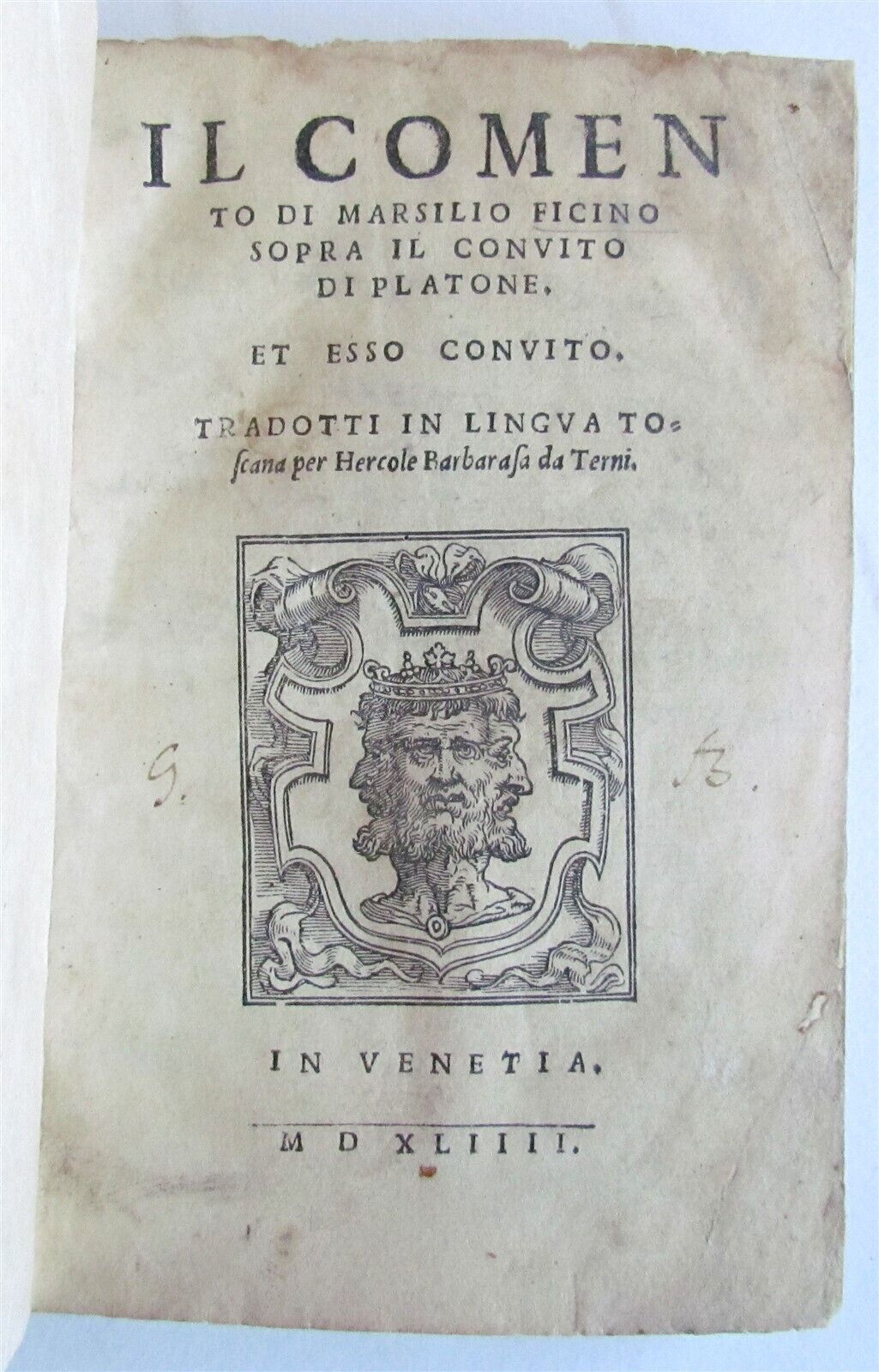 1544 COMMENTARY on PLATO'S BANQUET by philologist Marsiglio Ficino antique 16 C.