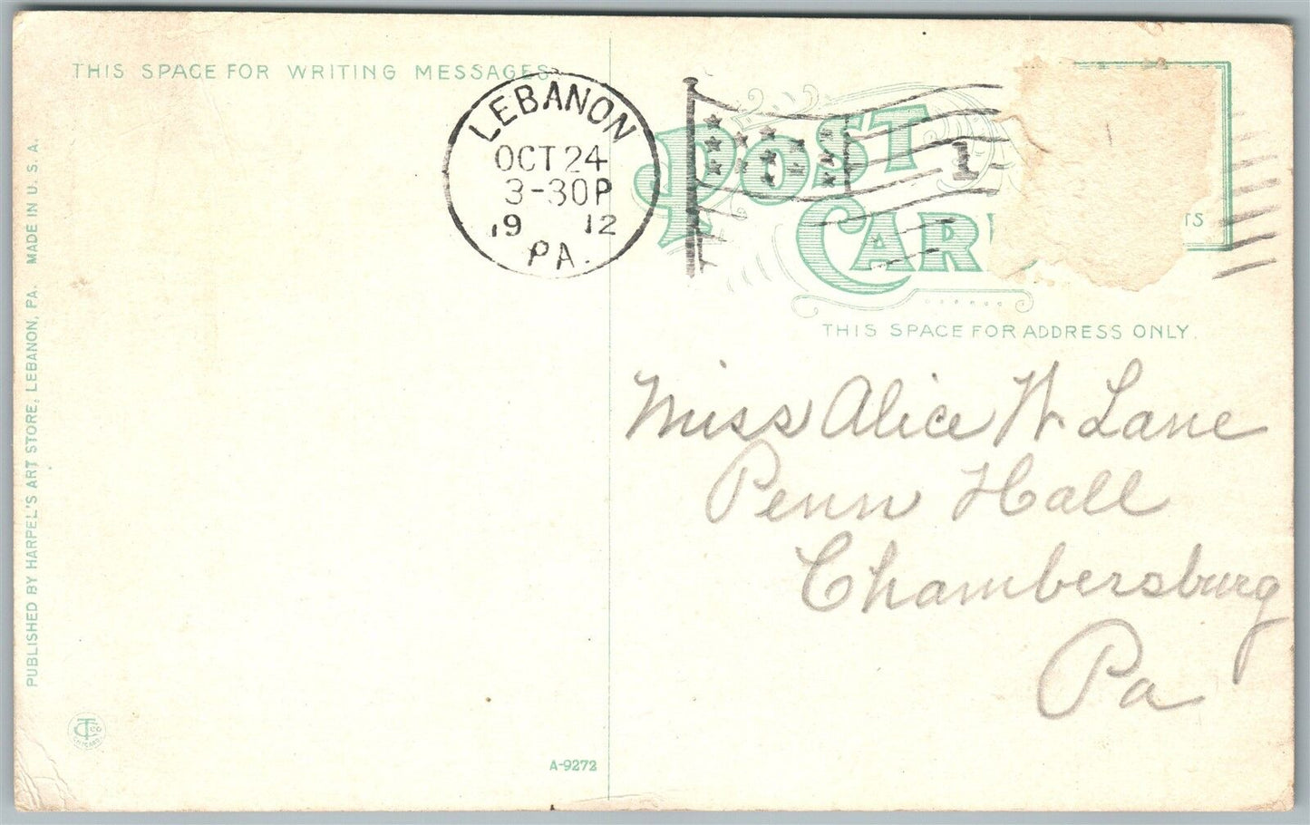 LEBANON PA CHRIST PRESBYTERIAN CHAPEL 1912 ANTIQUE POSTCARD