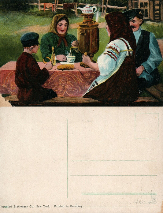 RUSSIAN FAMILY SCENE w/ SAMOVAR ANTIQUE POSTCARD