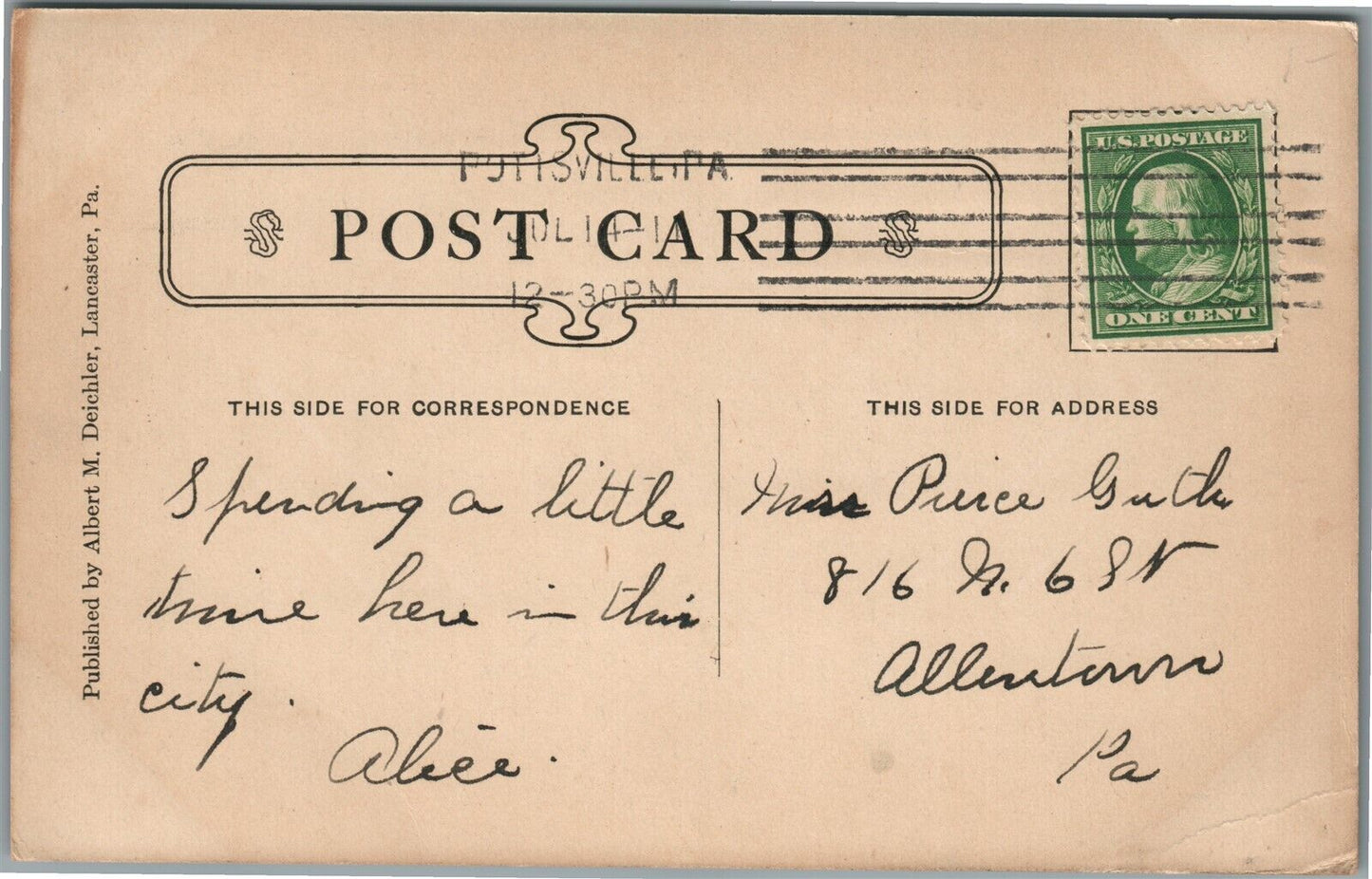 POTTSVILLE PA CHAS. BABER CEMETERY ANTIQUE POSTCARD