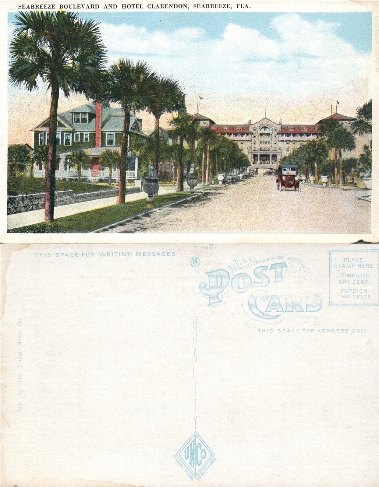 SEABREEZE BOULEVARD & HOTEL CLARENDON FL ANTIQUE POSTCARD