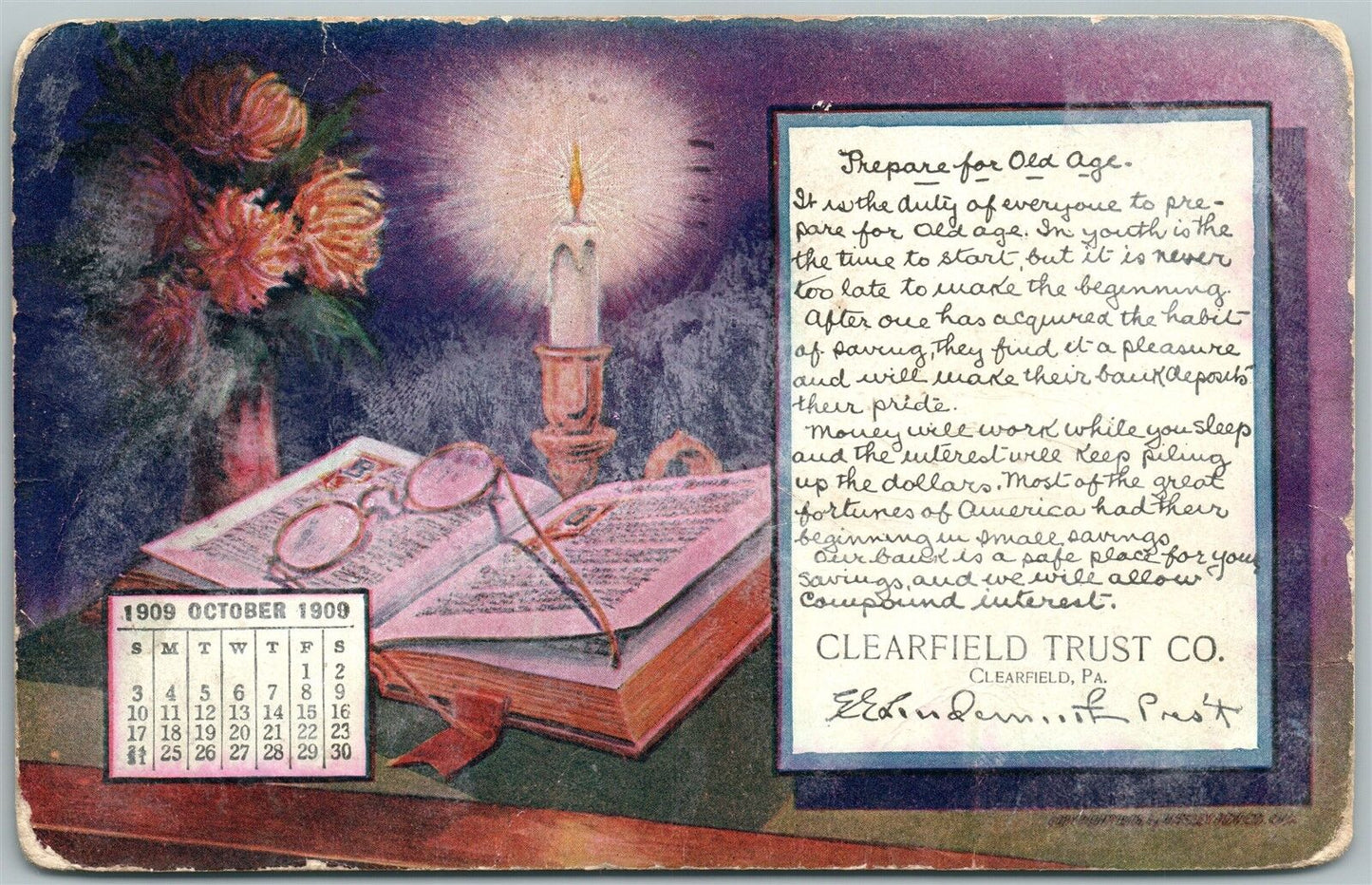 CLEARFIELD PA TRUST CO. ADVERTISING w/ 1909 CALENDAR UNDIVIDED ANTIQUE POSTCARD