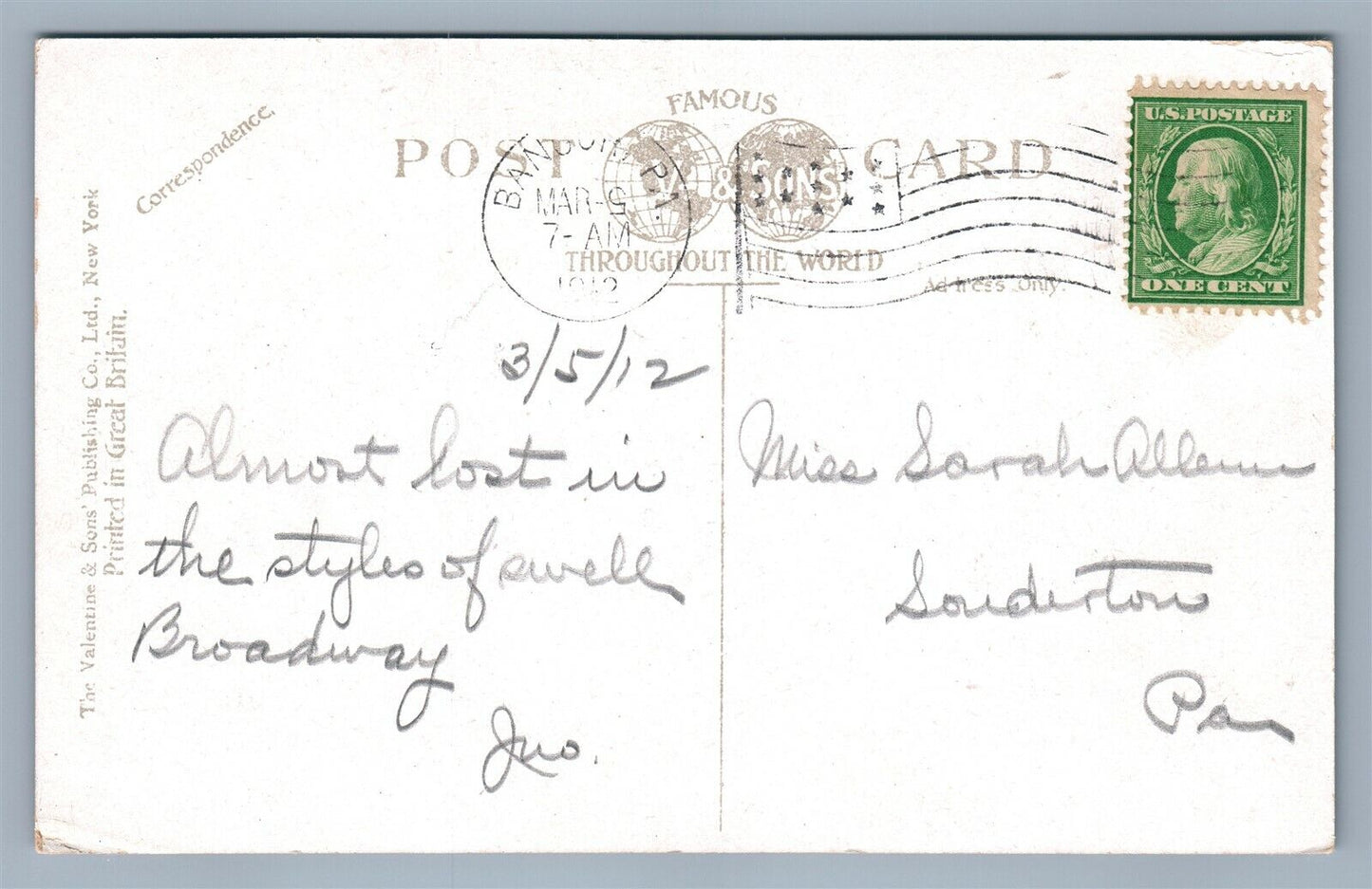 BANGOR PA BROADWAY 1912 ANTIQUE POSTCARD