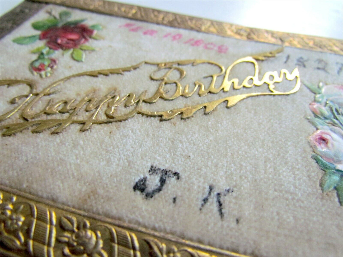 UNIQUE HAND MADE HAPPY BIRTHDAY POSTCARD w/ METAL APPLIQUE on VELVET