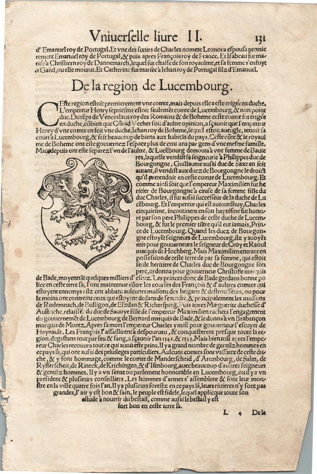 1575 LUXEMBOURG & HOLLAND from BELLEFOREST EDITION of MUNSTER COSMOGRAPHY