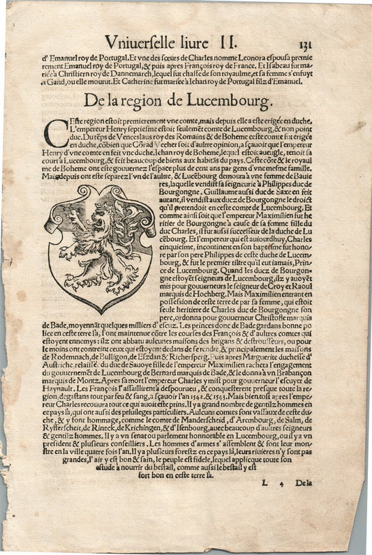 1575 LUXEMBOURG & HOLLAND from BELLEFOREST EDITION of MUNSTER COSMOGRAPHY