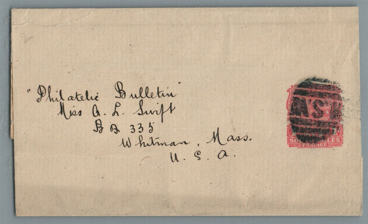 SOUTH WALES UK to PHILATELIC BULLETIN WHITMAN MA USA ANTIQUE COVER