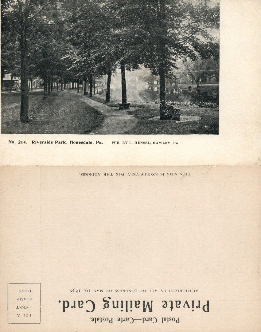 HONESDALE PA RIVERSIDE PARK ANTIQUE UNDIVIDED PRIVATE MAILING CARD POSTCARD
