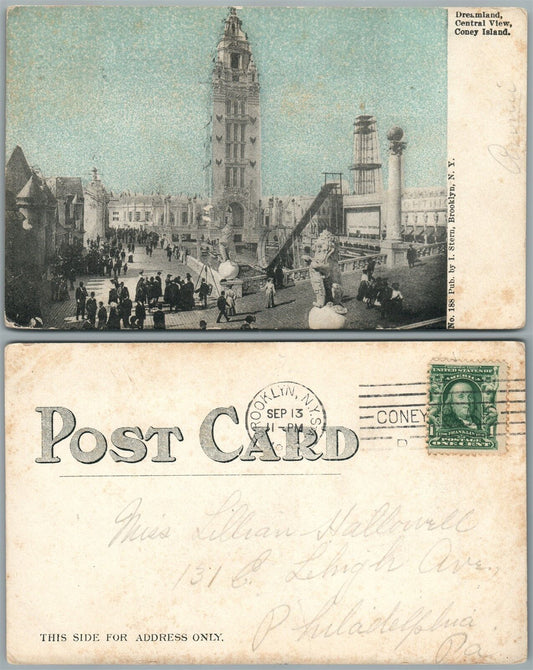 BROOKLYN N.Y. CONEY ISLAND DREAMLAND 1907 UNDIVIDED ANTIQUE POSTCARD