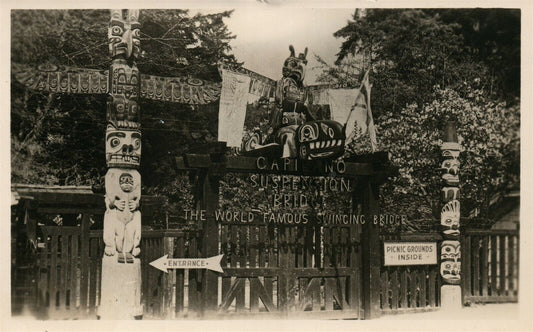 INDIAN TOTEMS CAPILANO BRIDGE VANCOUVER CANADA VINTAGE REAL PHOTO POSTCARD RPPC