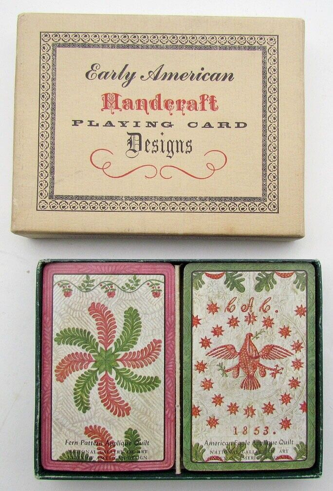 VINTAGE EARLY AMERICAN HANDCRAFT DESIGNS PLAYING CARDS DOUBLE DECK BOX