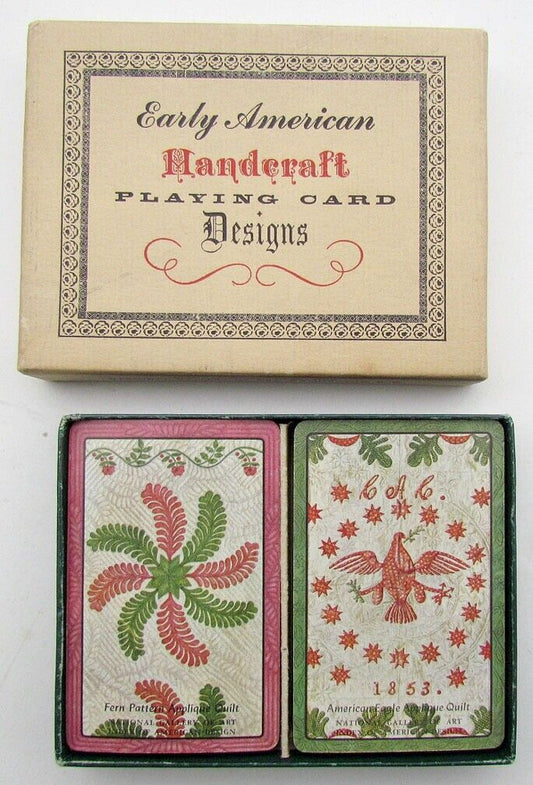 VINTAGE EARLY AMERICAN HANDCRAFT DESIGNS PLAYING CARDS DOUBLE DECK BOX