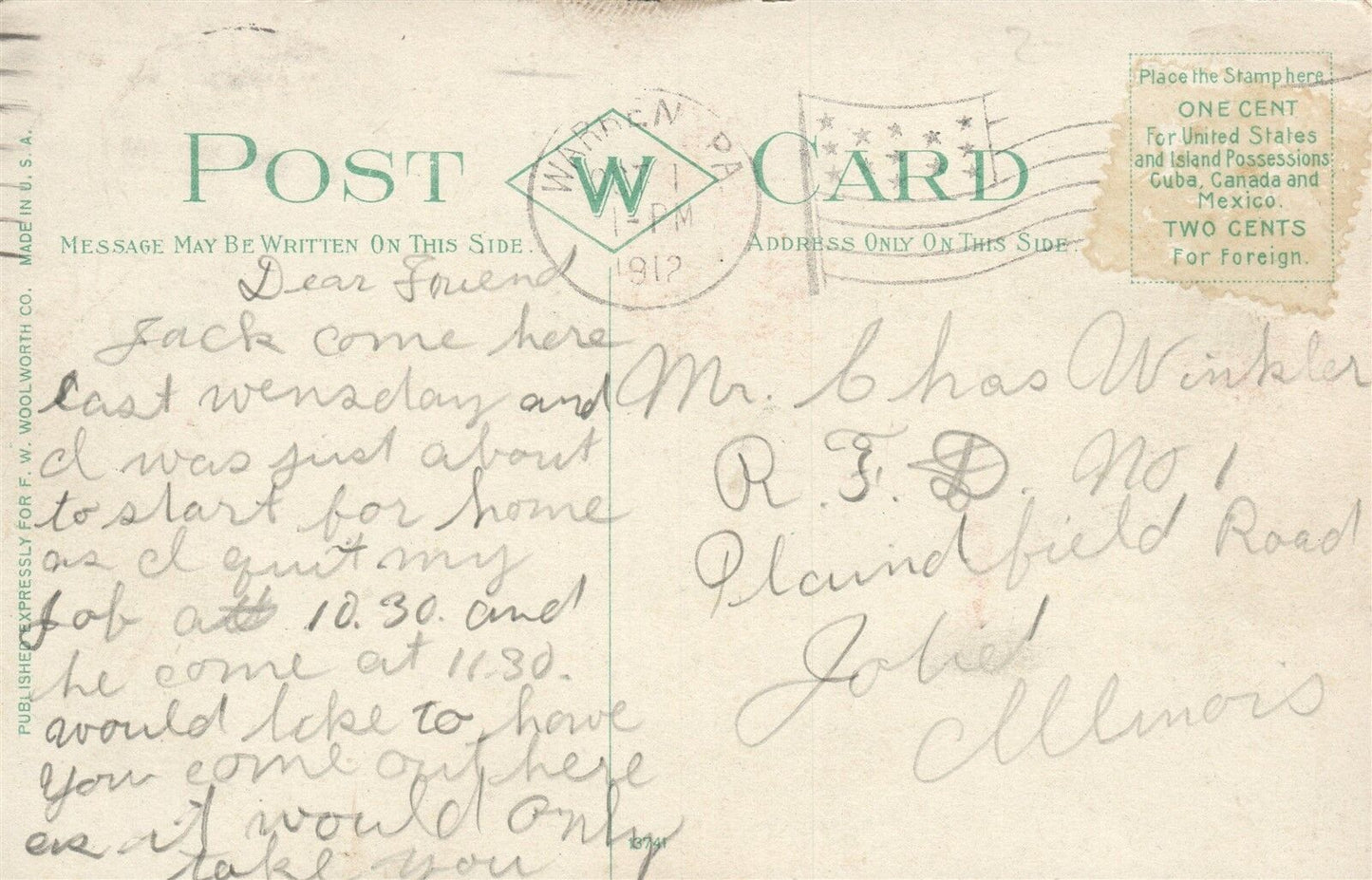 WARREN PA SUSPENSION BRIDGE 1912 ANTIQUE POSTCARD